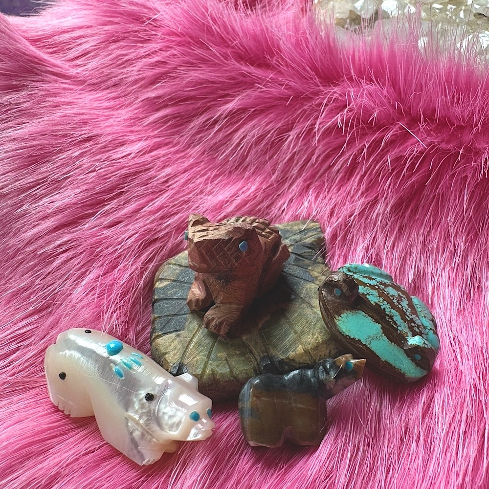 Zuni Native American fetish artist signed mother of pearl turquoise figure LOT